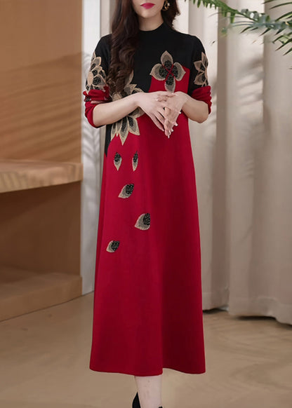 Loose Red Turtleneck Patchwork Knit Sweater Dress Winter Rf028