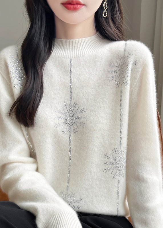 Loose Red Turtleneck Zircon Patchwork Thick Cotton Knit Sweater Winter Te041