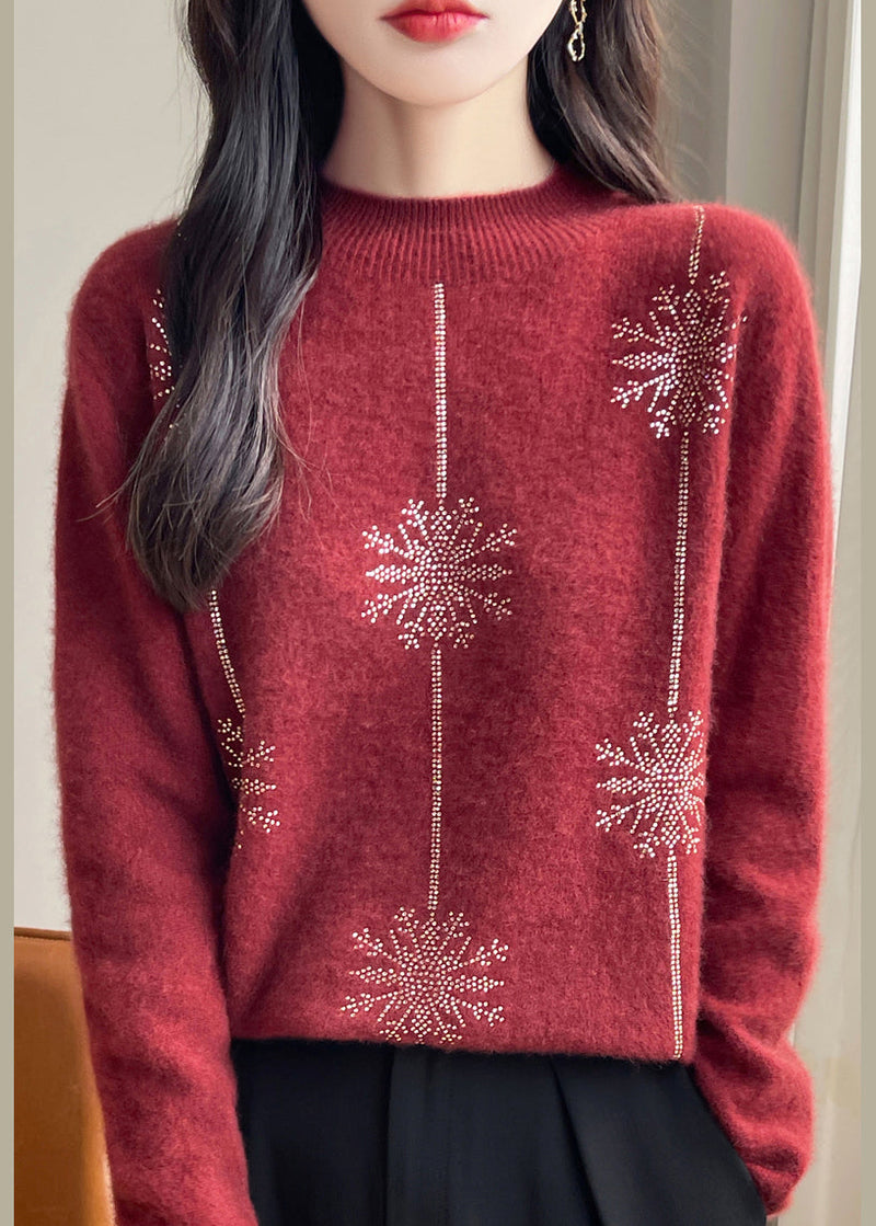 Loose Red Turtleneck Zircon Patchwork Thick Cotton Knit Sweater Winter Te041