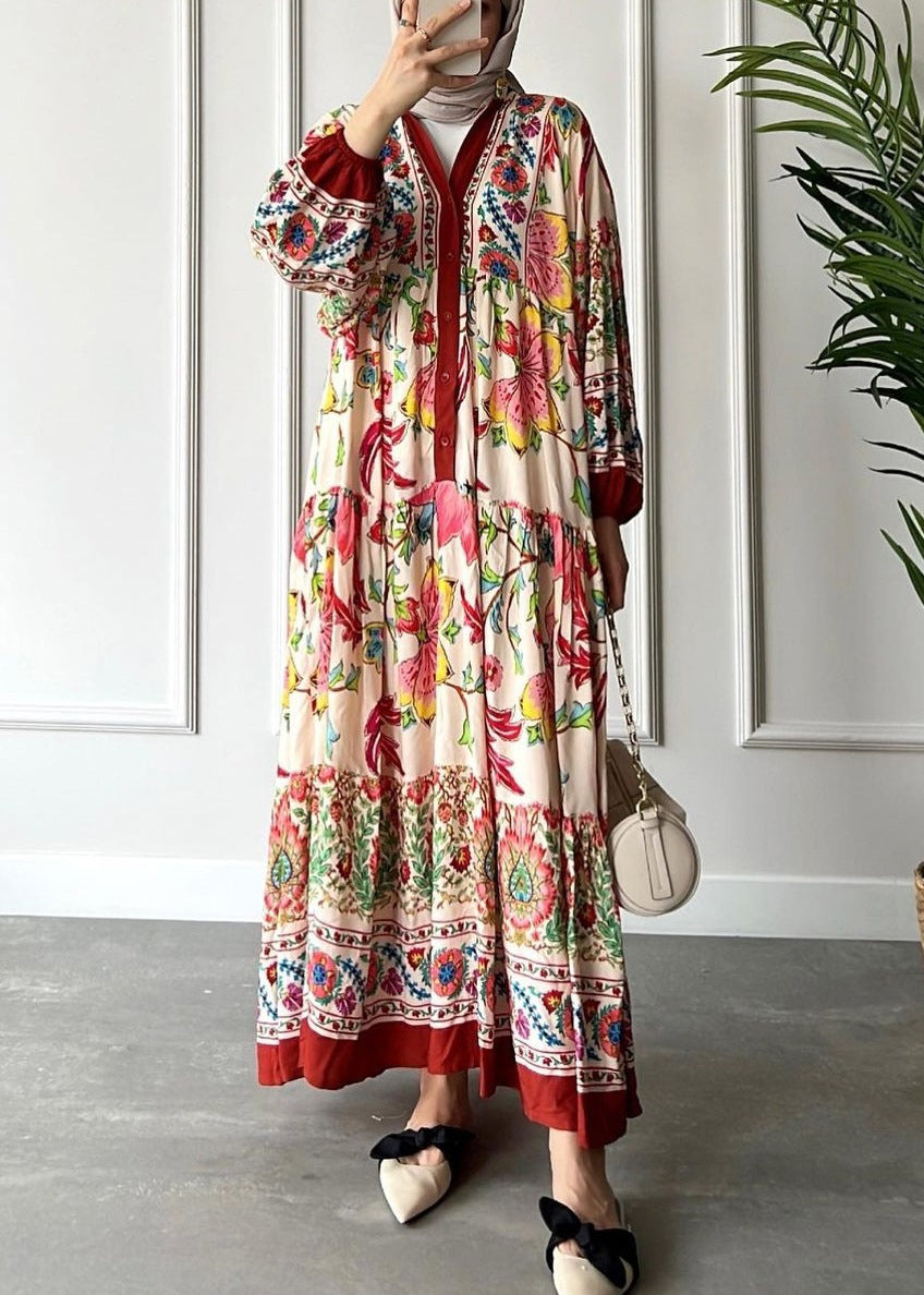 Loose Red V Neck Button Print Cotton Long Dress Long Sleeve Aa1012