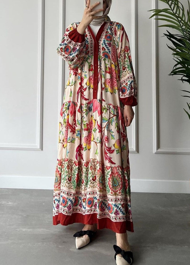 Loose Red V Neck Button Print Cotton Long Dress Long Sleeve Aa1012