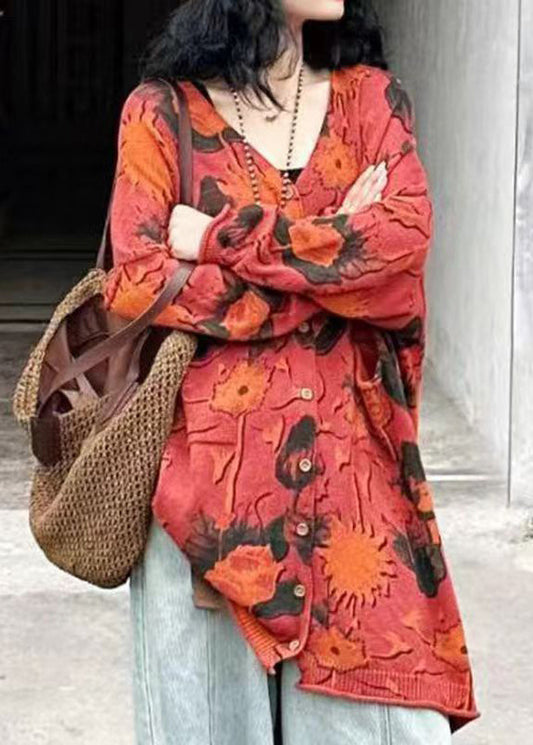Loose Red V Neck Print Button Knit Cardigans Spring Vb1059