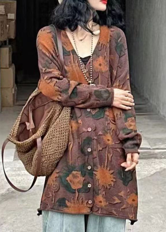 Loose Red V Neck Print Button Knit Cardigans Spring Vb1059