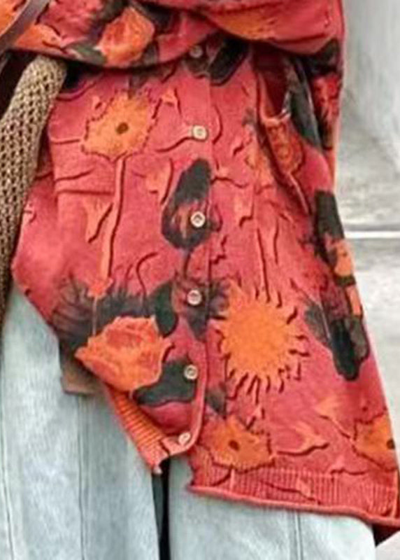 Loose Red V Neck Print Button Knit Cardigans Spring Vb1059