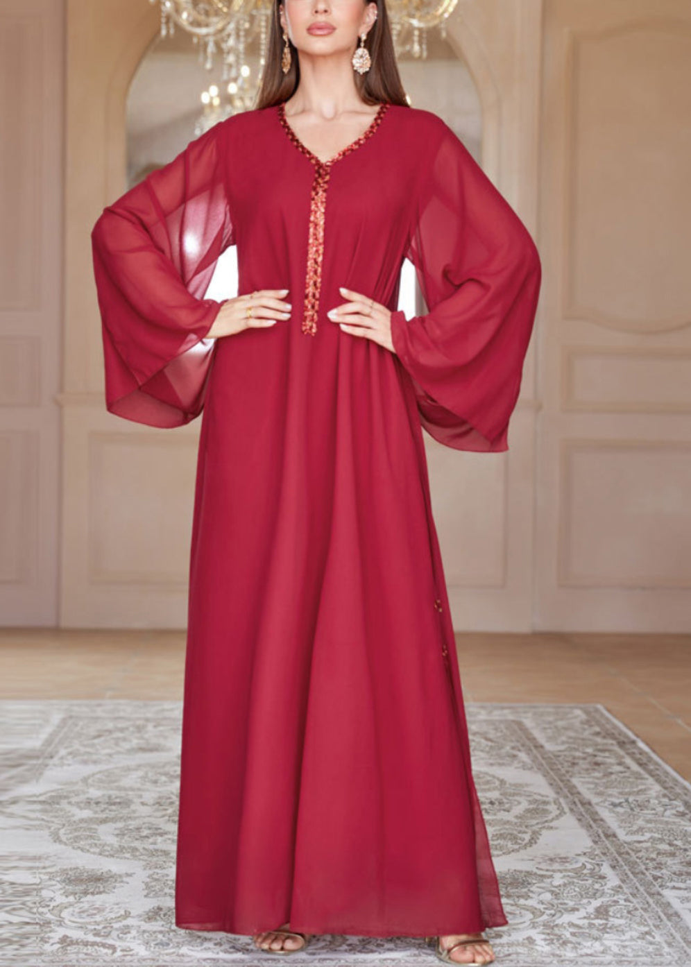 Loose Red V Neck Sequins Chiffon Maxi Dresses Spring Aa1002