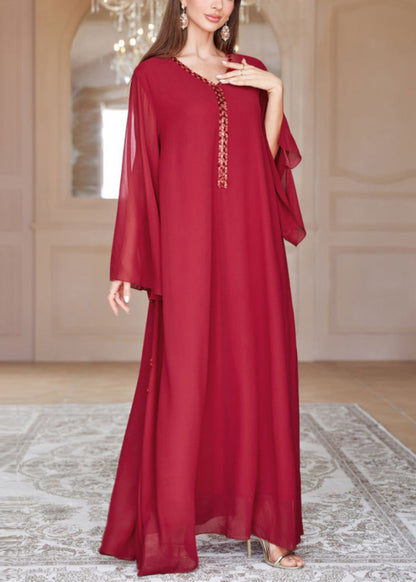 Loose Red V Neck Sequins Chiffon Maxi Dresses Spring Aa1002