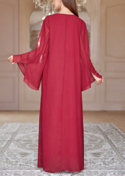 Loose Red V Neck Sequins Chiffon Maxi Dresses Spring Aa1002