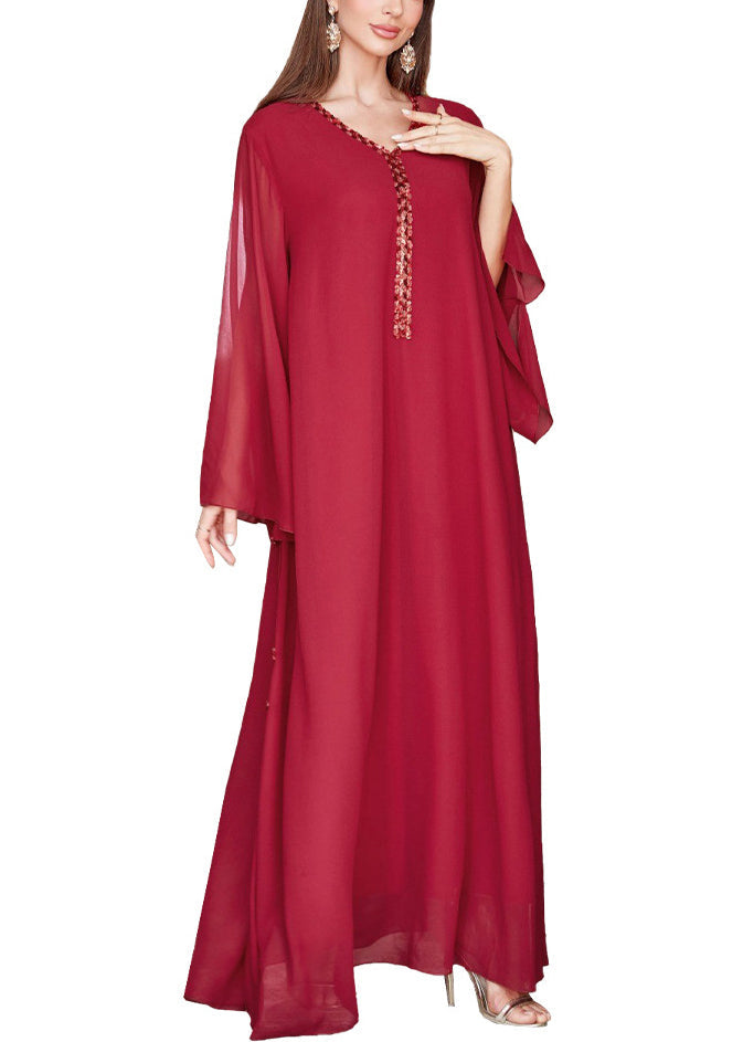 Loose Red V Neck Sequins Chiffon Maxi Dresses Spring Aa1002