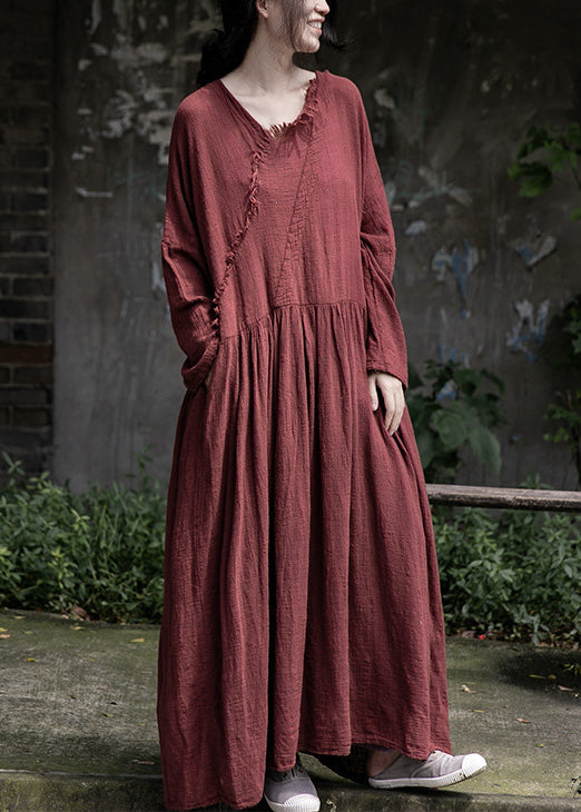 Loose Red Wrinkled Pockets Cotton Maxi Dress Long Sleeve Mn059