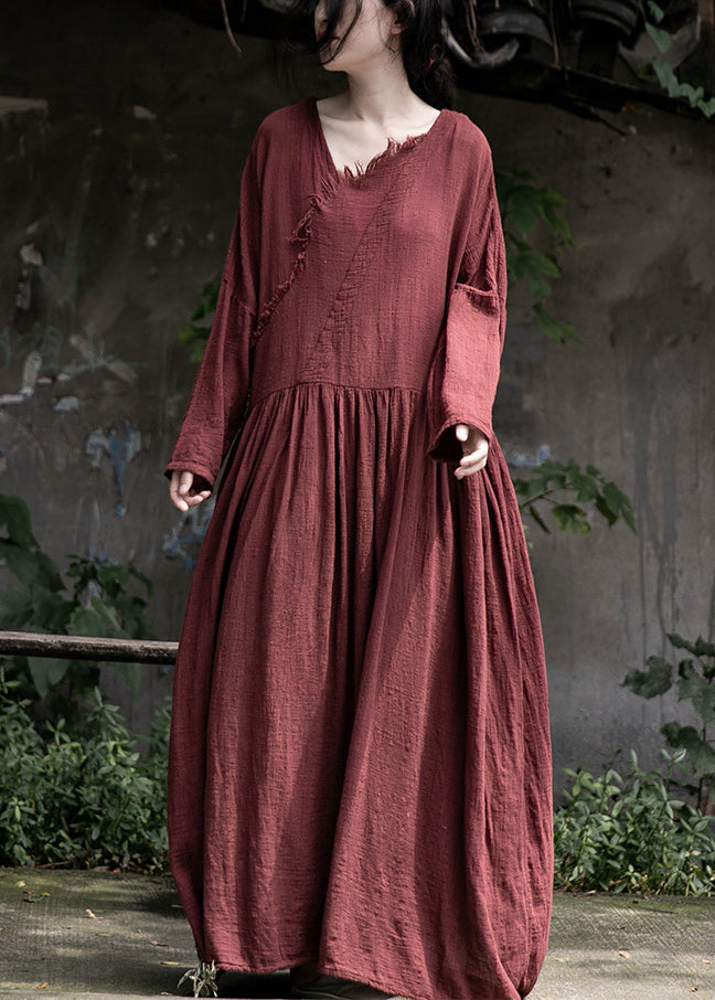 Loose Red Wrinkled Pockets Cotton Maxi Dress Long Sleeve Mn059