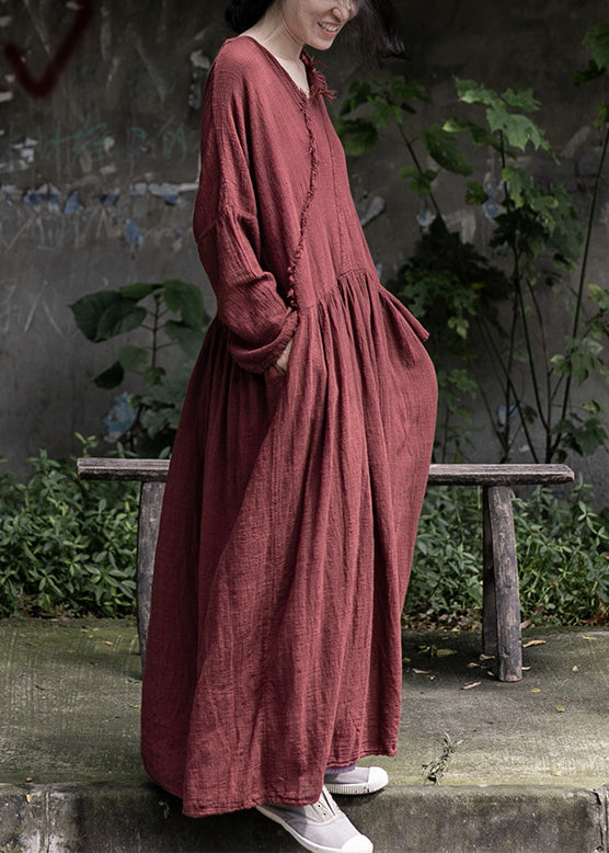Loose Red Wrinkled Pockets Cotton Maxi Dress Long Sleeve Mn059