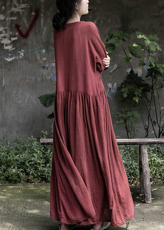 Loose Red Wrinkled Pockets Cotton Maxi Dress Long Sleeve Mn059