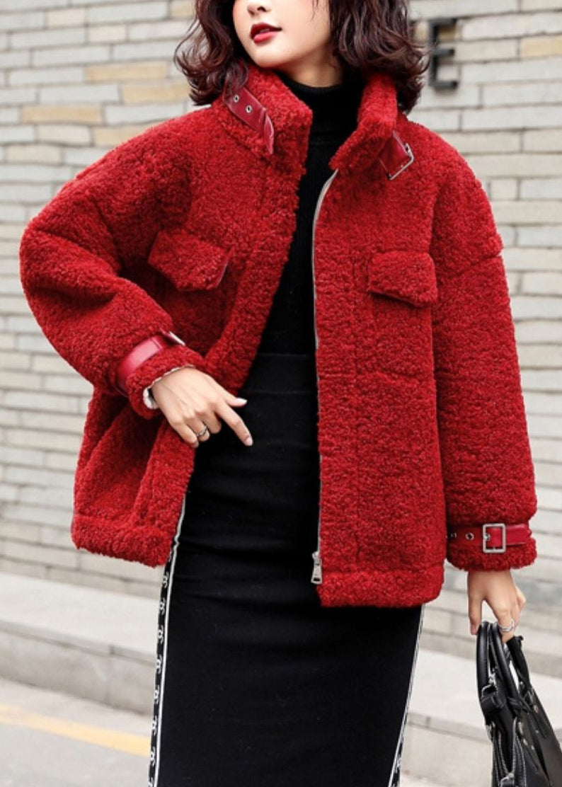 Loose Red Zippered Patchwork Teddy Faux Fur Coat Winter Ry001
