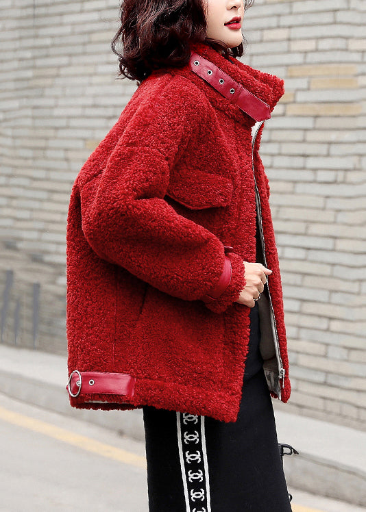 Loose Red Zippered Patchwork Teddy Faux Fur Coat Winter Ry001
