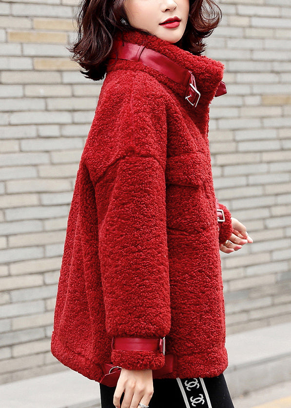 Loose Red Zippered Patchwork Teddy Faux Fur Coat Winter Ry001