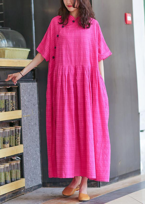 Loose Rose Button Pockets Linen Long Dresses Summer Mn047