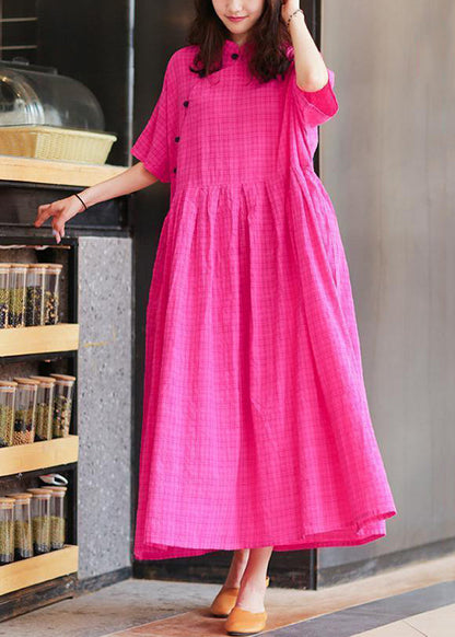 Loose Rose Button Pockets Linen Long Dresses Summer Mn047