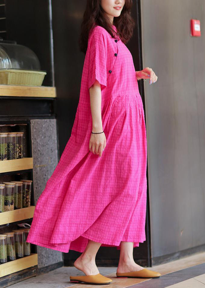 Loose Rose Button Pockets Linen Long Dresses Summer Mn047