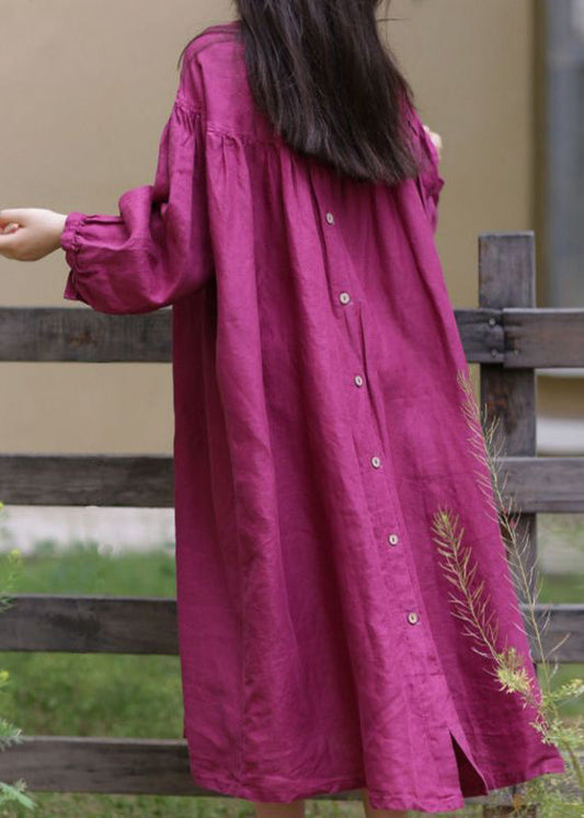 Loose Rose O Neck Button Cotton Long Dress Fall Wm025