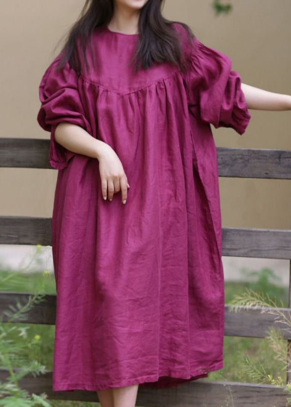 Loose Rose O Neck Button Cotton Long Dress Fall Wm025