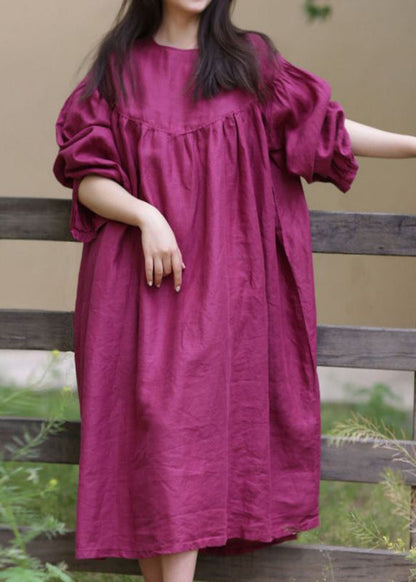 Loose Rose O Neck Button Cotton Long Dress Fall Wm025