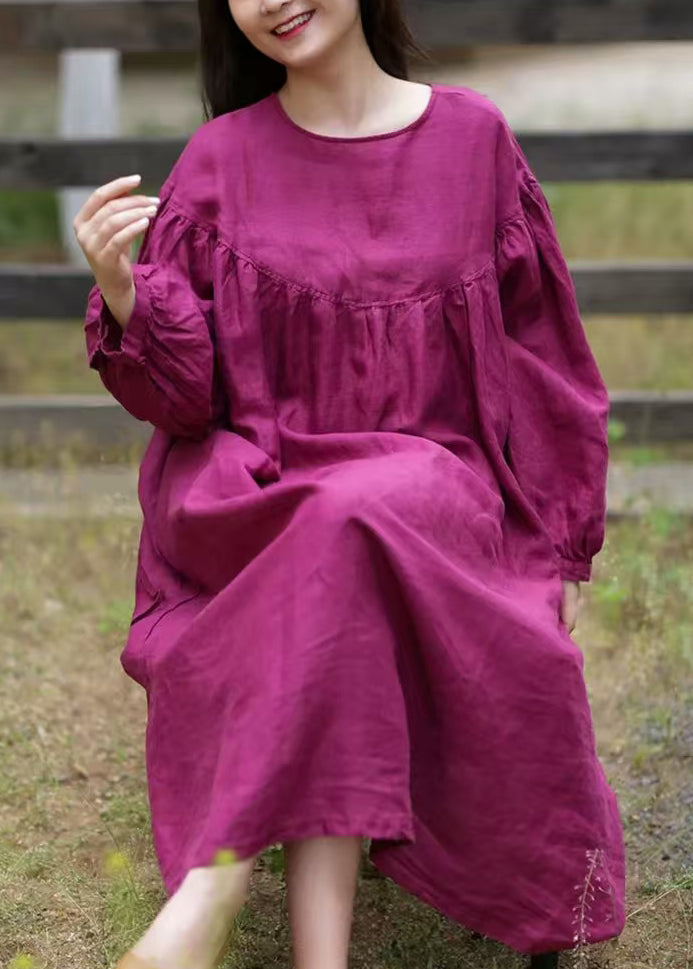 Loose Rose O Neck Button Cotton Long Dress Fall Wm025