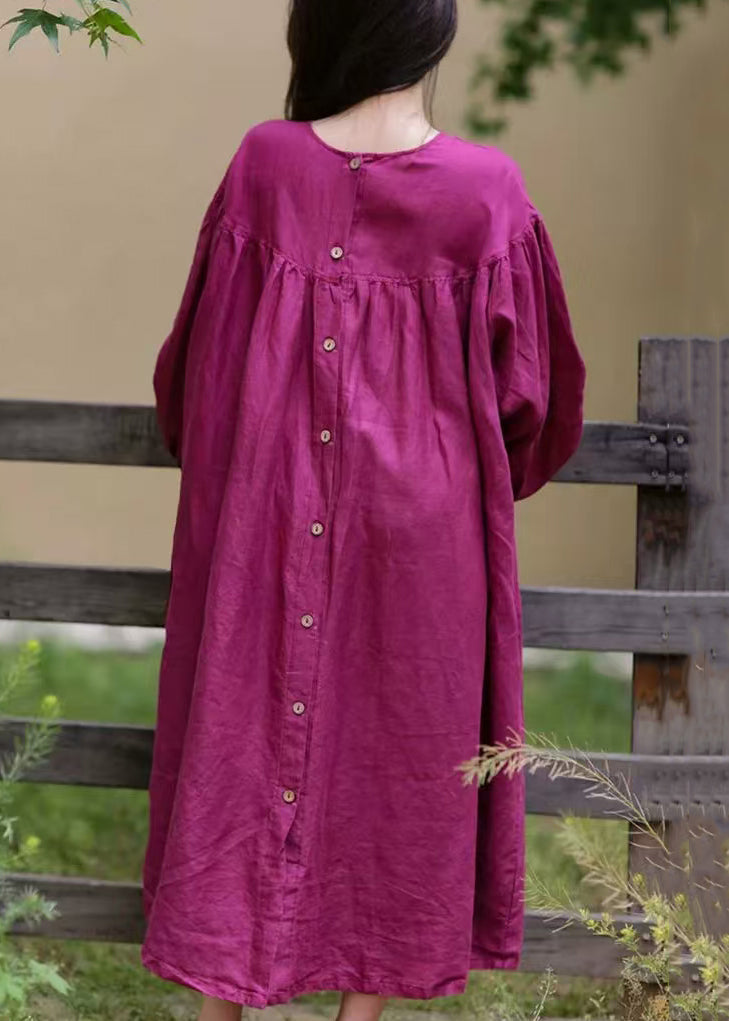 Loose Rose O Neck Button Cotton Long Dress Fall Wm025