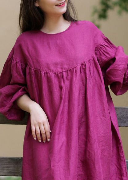 Loose Rose O Neck Button Cotton Long Dress Fall Wm025