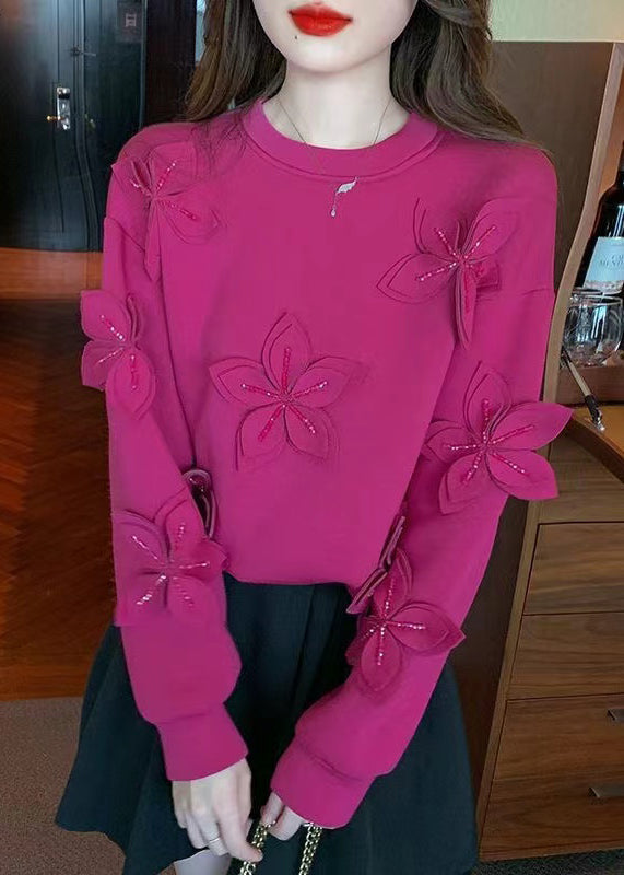 Loose Rose O Neck Patchwork Cotton Sweatshirts Fall Wm027