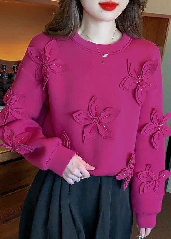 Loose Rose O Neck Patchwork Cotton Sweatshirts Fall Wm027