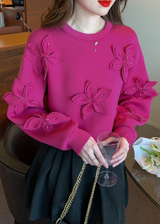 Loose Rose O Neck Patchwork Cotton Sweatshirts Fall Wm027
