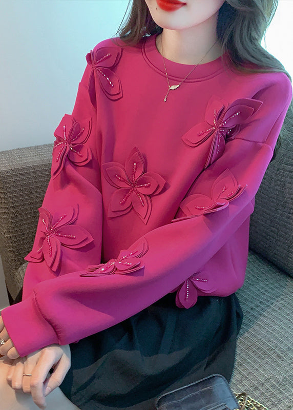 Loose Rose O Neck Patchwork Cotton Sweatshirts Fall Wm027