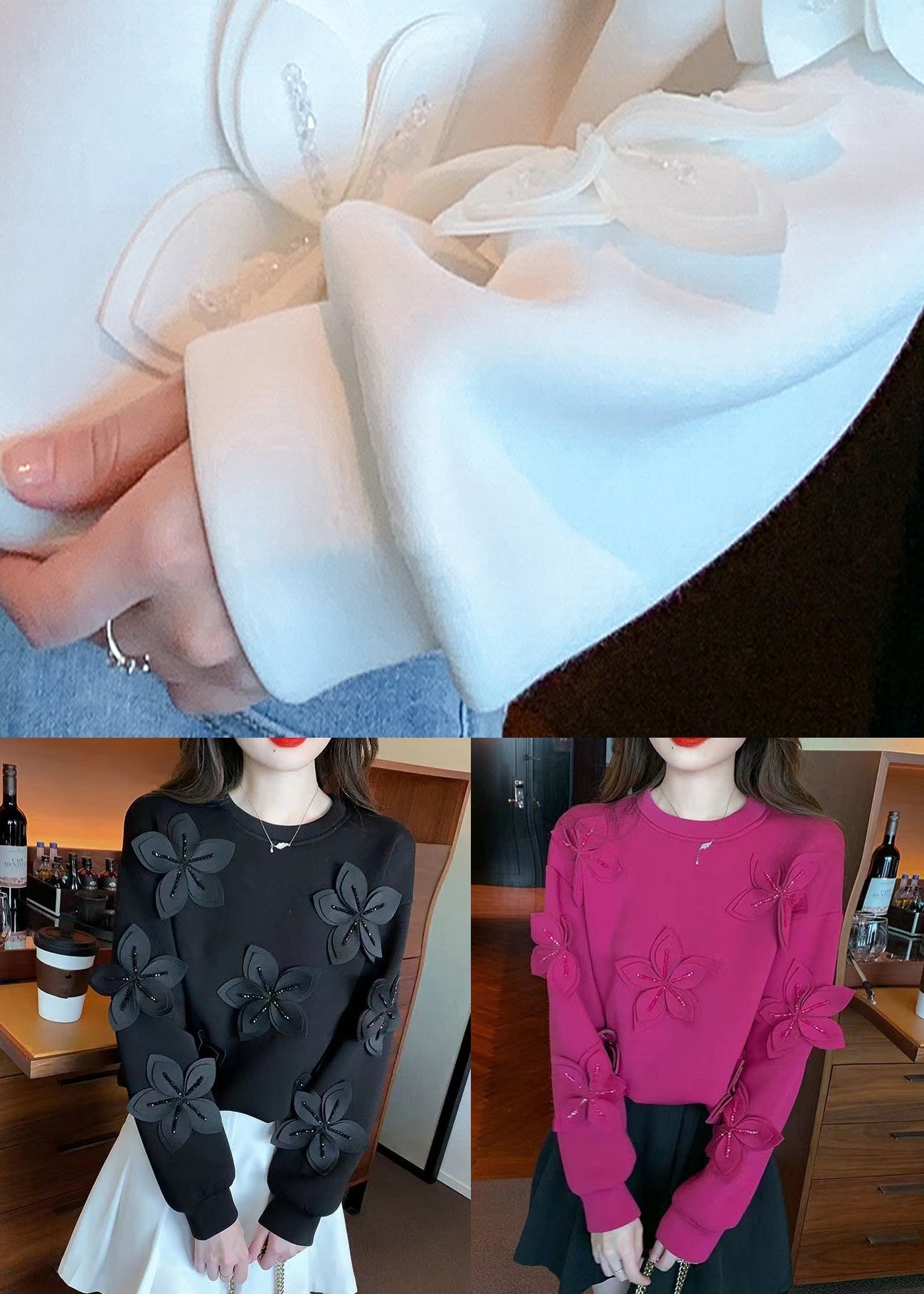 Black Zircon Patchwork Cotton Fall Sweatshirt O Neck Wm028