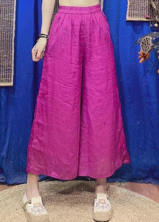 Loose Rose Pockets Elastic Waist Linen Crop Pants Summer Vv092