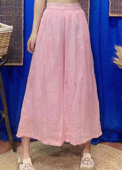 Loose Rose Pockets Elastic Waist Linen Crop Pants Summer Vv092