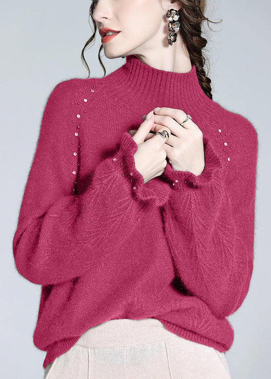 Loose Rose Turtleneck Nail Bead Cashmere Knit Sweater Winter Wq051
