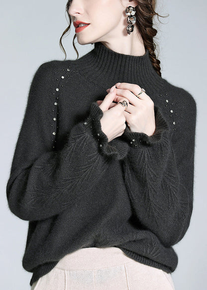 Loose Rose Turtleneck Nail Bead Cashmere Knit Sweater Winter Wq051
