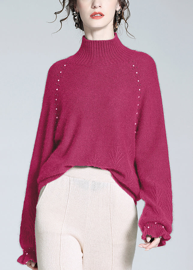 Loose Rose Turtleneck Nail Bead Cashmere Knit Sweater Winter Wq051