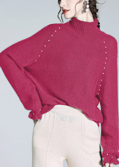 Loose Rose Turtleneck Nail Bead Cashmere Knit Sweater Winter Wq051