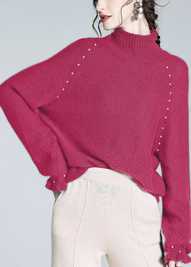 Loose Rose Turtleneck Nail Bead Cashmere Knit Sweater Winter Wq051