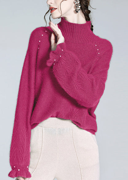 Loose Rose Turtleneck Nail Bead Cashmere Knit Sweater Winter Wq051