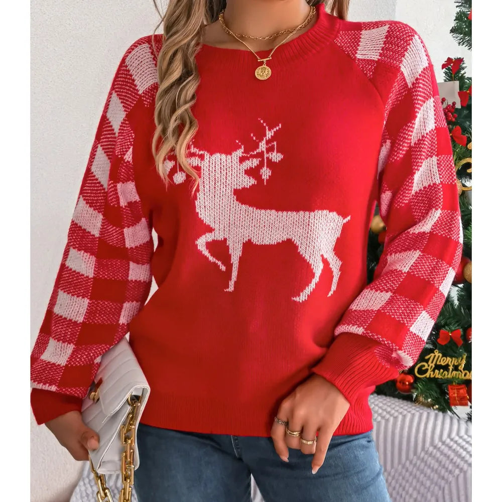 Knitted Plaid Christmas Sweater With Round Neck and Long Sleeves for Autumn/winter