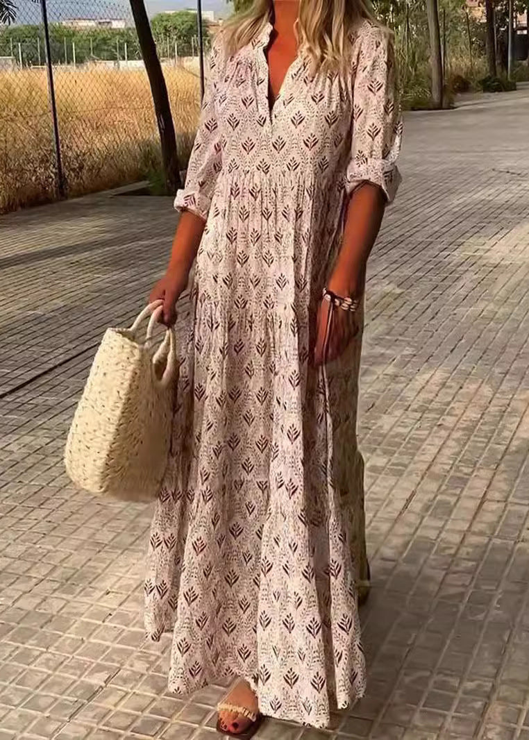 Loose Sky Blue V Neck Print Maxi Dresses Fall Qa031