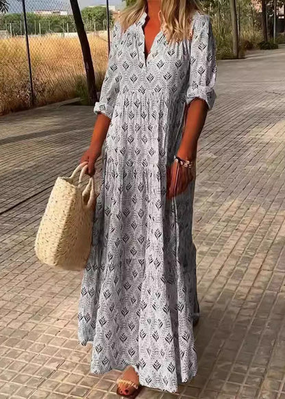 Loose Sky Blue V Neck Print Maxi Dresses Fall Qa031