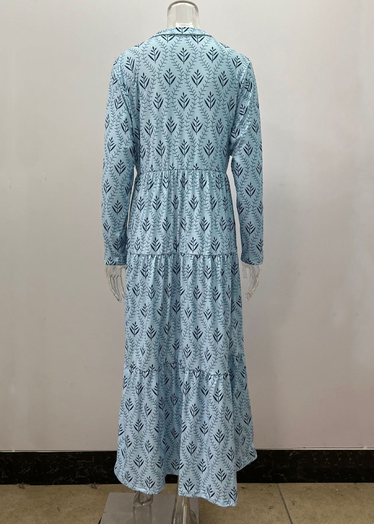 Loose Sky Blue V Neck Print Maxi Dresses Fall Qa031