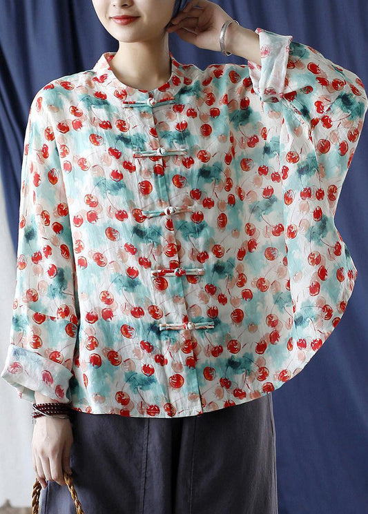 Loose Stand Collar Print Button Linen Blouse Long Sleeve Vv053