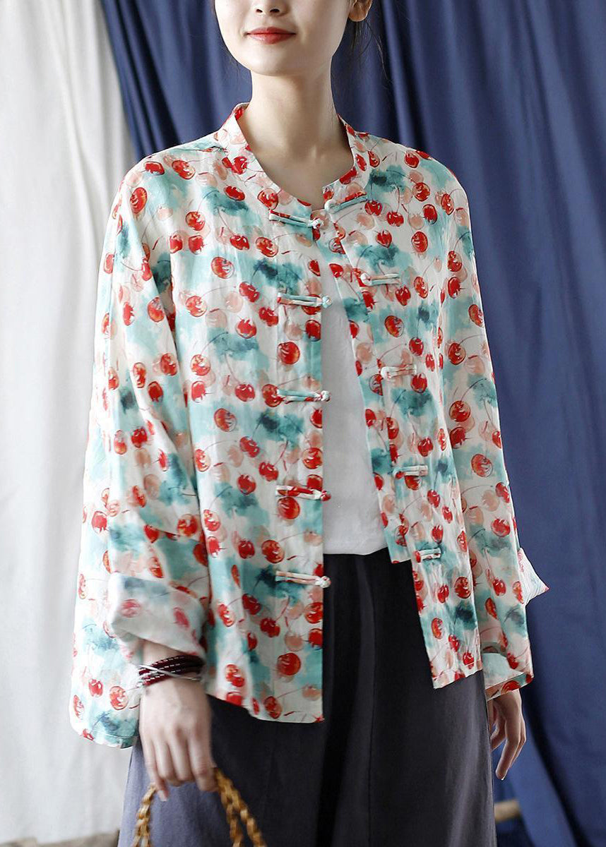 Loose Stand Collar Print Button Linen Blouse Long Sleeve Vv053