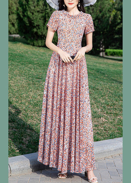 Loose Stand Collar Print Tunic Chiffon Long Dress Summer Ly1710
