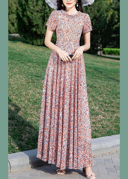 Loose Stand Collar Print Tunic Chiffon Long Dress Summer Ly1710