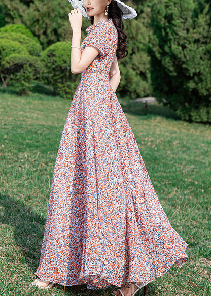 Loose Stand Collar Print Tunic Chiffon Long Dress Summer Ly1710
